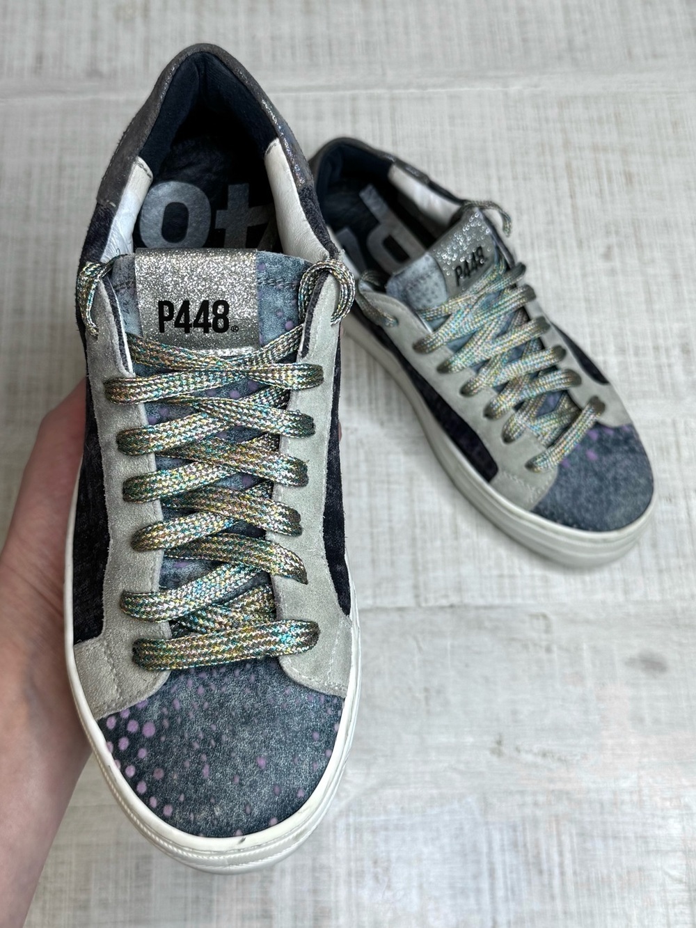 🌿P448 John Platform Sneakers Gray Suede Iridescent Glitter Lace Shoe EU 39 US 8.